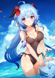 Rule 34 | 1girl, ahoge, ainy, ball, black one-piece swimsuit, blue hair, blue sky, breasts, cleavage, closed mouth, cloud, collarbone, commentary request, day, flower, ganyu (genshin impact), genshin impact, goat horns, hair flower, hair ornament, highres, horns, long hair, looking at viewer, medium breasts, ocean, one-piece swimsuit, outdoors, partially submerged, petals, purple eyes, side-tie swimsuit, sky, solo, swimsuit, thighs, very long hair, wet