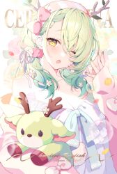Rule 34 | 1girl, absurdres, antlers, asymmetrical bangs, bow, braid, breasts, ceres fauna, character name, cleavage, clothes down, flower, green hair, green nails, hair flower, hair ornament, highres, hololive, hololive english, horns, long hair, looking at viewer, low twintails, medium breasts, mole, mole under eye, nemu (ceres fauna), off shoulder, one eye closed, open mouth, pink bow, reindeer antlers, solo, stuffed animal, stuffed toy, twintails, upper body, virtual youtuber, yawning, yellow eyes, yotte