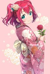 Rule 34 | 1girl, back bow, bow, closed mouth, commentary request, dot nose, eyebrows hidden by hair, floral print, flower, green eyes, hair between eyes, hair flower, hair ornament, highres, holding, holding flower, japanese clothes, kimono, kurosawa ruby, light blush, looking at viewer, love live!, love live! sunshine!!, obi, petchti, pink background, pink kimono, profile, rabineru, red flower, red hair, red rose, rose, sash, shadow, short hair, short twintails, sidelocks, smile, solo, twintails, white flower, yukata