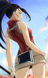 Rule 34 | 1girl, absurdres, black eyes, black hair, blue sky, boku no hero academia, breasts, closed mouth, cowboy shot, day, fengling (furin-jp), floating hair, from behind, high ponytail, highres, holding, holding staff, huge filesize, jacket, long hair, outdoors, profile, red jacket, signature, sky, sleeveless, sleeveless jacket, small breasts, smile, solo, staff, standing, very long hair, yaoyorozu momo