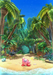 Rule 34 | :d, arm up, artist name, beach, blue eyes, blue sky, blush, blush stickers, bush, cloud, commentary request, conch, day, forest, full body, highres, jungle, kirby, kirby (series), kirby and the forgotten land, kumaoka pon, leaf, light rays, log, looking at viewer, nature, nintendo, no humans, open mouth, outdoors, palm tree, plant, rock, sand, scenery, seashell, shadow, shell, shore, sky, smile, standing, star (symbol), starfish, tree, twitter username, vines, water, watermark