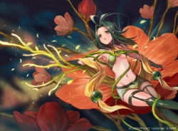 Rule 34 | 10s, 1girl, :o, antenna hair, breasts, company name, dqn (dqnww), elbow gloves, fingerless gloves, flower, gloves, green eyes, green hair, green legwear, leaning to the side, long hair, navel, official art, reaching, reaching towards viewer, shorts, sitting, small breasts, solo, wixoss