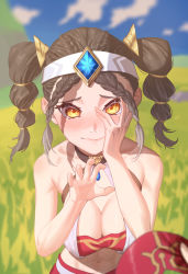 Rule 34 | 2girls, absurdres, artist request, bare shoulders, blindfold, blush, braid, breasts, brown hair, choker, cleavage, embarrassed, eremite desert clearwater (genshin impact), genshin impact, headband, highres, large breasts, long hair, looking at viewer, lumine (genshin impact), multiple girls, orange eyes, pov, quad braids, shiny skin, solo focus, tearing up, twintails, wavy mouth