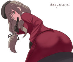 Rule 34 | 1girl, ass, beret, black gloves, black ribbon, brown eyes, brown hair, commentary, folding fan, formal, from behind, girls und panzer, gloves, hair ribbon, half-closed eyes, hand fan, hat, holding, holding fan, jacket, leaning forward, long hair, long skirt, long sleeves, looking at viewer, looking back, low-tied long hair, mature female, mayomaru1, one-hour drawing challenge, pencil skirt, red jacket, red skirt, ribbon, shimada chiyo, shirt, simple background, sitting, skirt, skirt suit, solo, suit, twitter username, white background