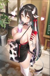 Rule 34 | 1girl, animal ears, animal print, ass, black hair, breasts, bubble tea challenge, butt crack, cow ears, cow girl, cow horns, cow print, cow tail, evertale, highres, horns, large breasts, looking at viewer, phone, popqn, solo, tail, thighhighs, yellow eyes