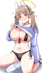 Rule 34 | 1girl, animal ears, areola slip, bikini, black bikini, blue archive, blue hoodie, blush, breasts, brown hair, clothes lift, fake animal ears, front-tie bikini top, front-tie top, halo, heart, highres, hood, hoodie, hoodie lift, large breasts, lifting own clothes, long hair, long sleeves, looking at viewer, machismo fuji, moe (blue archive), moe (swimsuit) (blue archive), navel, open mouth, rabbit ears, side-tie bikini bottom, sitting, smile, solo, swimsuit, twintails, white background, yellow eyes