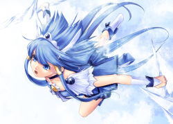 Rule 34 | 10s, 1girl, aoki reika, bad id, bad pixiv id, blue eyes, blue hair, blue skirt, blue theme, boots, collarbone, cure beauty, hair ornament, kirishima satoshi, long hair, matching hair/eyes, open mouth, outstretched arms, precure, skirt, smile precure!, solo, sparkle, tiara