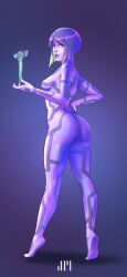 Rule 34 | absurdres, ass, breasts, colored inner hair, colored skin, commentary, cortana, english commentary, eyebrows hidden by hair, full body, green hair, halo: combat evolved, halo (series), hand on own hip, highres, holding, jafet meza, medium breasts, medium hair, multicolored hair, nude, parted lips, purple eyes, purple hair, purple skin, tiptoes