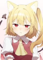 Rule 34 | 1girl, :&lt;, animal ear fluff, animal ears, ascot, blush, cat day, cat ears, cat girl, collared shirt, commentary, crystal, double-parted bangs, fang, flandre scarlet, hair between eyes, highres, long hair, pink background, puffy short sleeves, puffy sleeves, red eyes, red vest, ribbon-trimmed sleeves, ribbon trim, shirt, short sleeves, side ponytail, simple background, slit pupils, solo, spiked hair, squiggle, straight-on, suikario, touhou, upper body, vest, white shirt, wings, yellow ascot