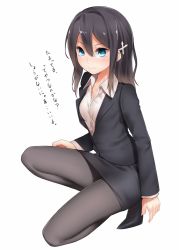 Rule 34 | 1girl, black hair, black pantyhose, blue eyes, blush, formal, hair ornament, jacket, long hair, looking at viewer, office lady, on one knee, original, pantyhose, pencil skirt, ray-akila, ray littlechamber, simple background, skirt, skirt suit, smile, solo, suit, translation request, white background