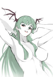 Rule 34 | 1girl, armpits, arms behind head, breasts, capcom, convenient censoring, demon girl, green eyes, green hair, highres, large breasts, long hair, looking at viewer, morrigan aensland, navel, nude, parted lips, smile, solo, upper body, vampire (game)