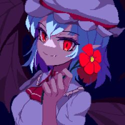 Rule 34 | 1girl, ascot, bat wings, black background, blue hair, brodall pixel, closed mouth, commentary request, fang, flower, hat, hat ribbon, holding, holding flower, looking at viewer, mob cap, pixel art, red ascot, red eyes, red flower, red ribbon, remilia scarlet, ribbon, short hair, simple background, solo, touhou, upper body, white hat, wings