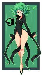 Rule 34 | 1girl, absurdres, bare legs, bigdead, contrapposto, full body, green eyes, green hair, high collar, highres, looking at viewer, one-punch man, pelvic curtain, revealing clothes, solo, tatsumaki