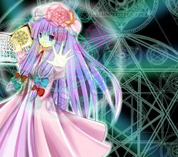 Rule 34 | 1girl, aiming, aiming at viewer, aura, black background, book, bow, crescent, double bun, dress, greek text, hair bow, hair bun, hat, hexagram, highres, long hair, long sleeves, looking at viewer, magic circle, mob cap, open book, open hand, patchouli knowledge, pentagram, purple eyes, purple hair, robe, shinon ruku, sidelocks, solo, striped clothes, striped dress, touhou, very long hair