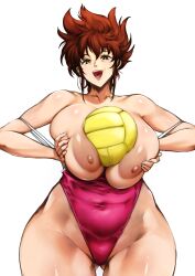 Rule 34 | 1girl, absurdres, ball, bare legs, bare shoulders, between breasts, breast press, breasts, breasts out, breasts squeezed together, brown eyes, brown hair, cameltoe, curvy, dodgeball, highleg, highleg swimsuit, highres, honoo no toukyuuji: dodge danpei, ichigeki haruka, kyuugata, large areolae, large breasts, looking at viewer, mature female, nipples, one-piece swimsuit, pink one-piece swimsuit, sexually suggestive, shiny skin, short hair, smile, solo, swimsuit, thick thighs, thighs, wet, white background, wide hips