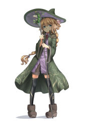 Rule 34 | 1girl, amefurashi, black thighhighs, blonde hair, boots, braid, elf, full body, hat, holding, holding staff, long hair, original, patterned clothing, pointy ears, robe, short shorts, shorts, solo, staff, thighhighs, white background, wide sleeves, witch, witch hat