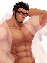 Rule 34 | 1boy, abs, absurdres, arm behind head, bara, bare pectorals, beard, biceps, black-framed eyewear, black hair, commission, crow (siranui), dark-skinned male, dark skin, facial hair, glasses, highres, large pectorals, looking to the side, male focus, mature male, muscular, muscular male, navel, nipples, open clothes, open shirt, original, pectorals, red-framed eyewear, see-through, see-through shirt, shirt, short hair, solo, stomach, thick eyebrows, undercut, upper body, wet, wet clothes, wet shirt
