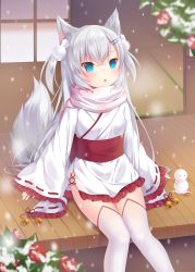 Rule 34 | 1girl, amashiro natsuki, animal ear fluff, animal ears, aqua eyes, flower, fox ears, fox tail, frilled kimono, frilled sleeves, frills, highres, japanese clothes, kimono, long hair, long sleeves, original, parted lips, pink scarf, pom pom (clothes), sash, scarf, short kimono, shouji, silver hair, sitting, sliding doors, snow, snowing, snowman, solo, tail, thighhighs, two side up, white thighhighs, wide sleeves