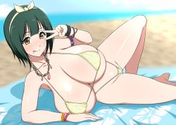 Rule 34 | 1girl, arm up, armlet, armpits, bare shoulders, barefoot, beach, bead bracelet, beads, bikini, blush, bracelet, breasts, brown eyes, cleavage, collarbone, feet, green hair, hairband, highres, huge breasts, idolmaster, idolmaster (classic), jabara tornado, jewelry, looking at viewer, lying, navel, on side, otonashi kotori, outdoors, parted lips, shiny skin, short hair, sitting, smile, solo, swimsuit, thighs, tongue, tongue out, wristband, yellow hairband