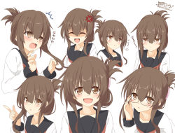 Rule 34 | 1girl, :d, @ @, anger vein, bespectacled, black sailor collar, brown eyes, brown hair, folded ponytail, glasses, inazuma (kancolle), kantai collection, kisaragi yuu (re:lucks), long hair, looking at viewer, multiple views, neckerchief, open mouth, pout, red neckerchief, sailor collar, school uniform, serafuku, shirt, signature, simple background, smile, twitter username, upper body, white background, white shirt