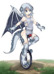 Rule 34 | 1girl, blue eyes, dragon girl, dragon tail, dragon wings, female focus, highres, monster girl, open mouth, original, pippi (artist), silver hair, solo, tail, unicycle, wings