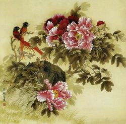 Rule 34 | bird, chinese text, flower, flower request, grass, green theme, leaf, liang yansheng, nature, nib pen (medium), no humans, scenery, traditional media