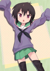 Rule 34 | 1girl, a channel, bad id, bad pixiv id, black hair, black neckerchief, black thighhighs, blush, green skirt, highres, ichii tooru, looking at viewer, neckerchief, okayparium, open mouth, red eyes, short hair, skirt, sleeves past wrists, solo, thighhighs