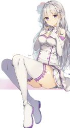 Rule 34 | 10s, 1girl, arms at sides, ass, boots, braid, breasts, crown braid, emilia (re:zero), flower, gloves, hair flower, hair ornament, hands on breasts, hands on own chest, hands up, highres, long hair, looking at viewer, md5 mismatch, medium breasts, panties, pleated skirt, pointy ears, purple eyes, purple panties, re:zero kara hajimeru isekai seikatsu, resolution mismatch, rurikoma, sidelocks, sitting, skirt, solo, source larger, thighhighs, thighs, underwear, very long hair, white background, white footwear, white gloves, white hair, white skirt, white thighhighs