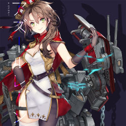 Rule 34 | 1girl, asymmetrical clothes, asymmetrical hair, asymmetrical legwear, azur lane, belt, black background, black pantyhose, blush, breasts, brown hair, cannon, cape, chain, character name, cleavage, dress, epaulettes, exeter (azur lane), gloves, green eyes, hair between eyes, hand on own hip, hat, highres, large breasts, long hair, looking at viewer, machinery, mkiiiiii, official art, pantyhose, red cape, see-through, shiny skin, simple background, single thighhigh, smile, solo, standing, thigh gap, thighband pantyhose, thighhighs, turret, uneven legwear, white thighhighs