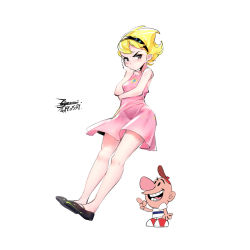 Rule 34 | 1boy, 1girl, animification, billy, blonde hair, breasts, dress, ejami, graphite (medium), hairband, looking at viewer, mandy (billy &amp; mandy), mandy (grim adventures), short hair, simple background, small breasts, the grim adventures of billy &amp; mandy, traditional media, white background