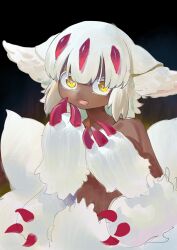 Rule 34 | 1girl, absurdres, animal ears, bare shoulders, body fur, claws, dark-skinned female, dark background, dark skin, extra arms, faputa, fewer digits, highres, horns, kaede (shijie heping), looking at viewer, made in abyss, monster girl, multiple horns, multiple tails, open mouth, red horns, solo, tail, teeth, upper body, white fur, white hair, yellow eyes