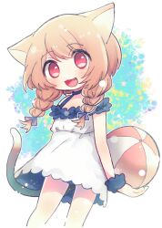 Rule 34 | 1girl, :3, animal ears, ball, beachball, blush, brown hair, cat ears, cat girl, cat tail, dress, fang, holding, holding ball, long hair, looking at viewer, low twintails, nekonooteteumai, open mouth, original, panties, panty peek, red eyes, sleeveless, sleeveless dress, smile, solo, tail, twintails, underwear, wristband
