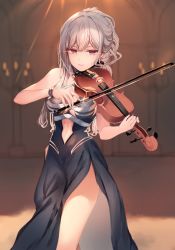 Rule 34 | 1girl, absurdres, ak-12 (girls&#039; frontline), ak-12 (quiet azure) (girls&#039; frontline), alternate hairstyle, bad id, bad twitter id, bare shoulders, black dress, blurry, blurry background, breasts, closed mouth, dress, girls&#039; frontline, glint, glowing, glowing eyes, hair between eyes, highres, holding, holding instrument, holding violin, indoors, instrument, long hair, looking at viewer, medium breasts, music, official alternate costume, playing instrument, ponytail, purple eyes, sidelocks, silver hair, smile, solo, stage, very long hair, violin, wavy hair, wristband, zerocat