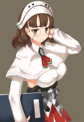 Rule 34 | 10s, 1girl, breasts, brown eyes, brown hair, capelet, eyewear strap, female focus, glasses, highres, kantai collection, large breasts, looking at viewer, marimo maru, pince-nez, roma (kancolle), short hair, solo