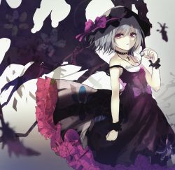 Rule 34 | 1girl, bad id, bad pixiv id, black dress, black hat, black wings, bow, choker, dress, floating hair, gothic lolita, green night, grey background, hair between eyes, hat, hat bow, lolita fashion, parted lips, purple bow, red eyes, remilia scarlet, short hair, silver hair, sketch, sleeveless, sleeveless dress, solo, standing, touhou, wings, wrist cuffs
