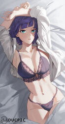 Rule 34 | 1girl, absurdres, aqua eyes, armpits, arms up, bed sheet, blue hair, bra, breasts, cleavage, ducpic, genshin impact, highres, large breasts, looking at viewer, lying, mole, mole on breast, panties, short hair, solo, stomach, underwear, yelan (genshin impact)