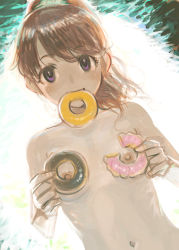 Rule 34 | )(, 10s, 1girl, bad id, bad pixiv id, brown hair, doughnut, dutch angle, female focus, flat chest, food, idolmaster, idolmaster cinderella girls, kaqo, looking at viewer, mouth hold, navel, nipples, nude, out-of-frame censoring, ponytail, purple eyes, shiina noriko, solo, topless frame, upper body