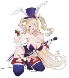 Rule 34 | 1girl, absurdres, animal ears, azur lane, between breasts, blonde hair, blue leotard, blue thighhighs, breasts, cleavage, facial mark, fake animal ears, frilled gloves, frilled leotard, frills, garter straps, gloves, guam (azur lane), guam (stage-setting charmer) (azur lane), hat, heart, heart facial mark, heart sticker, highleg, highleg leotard, highres, holding, holding microphone, kneeling, large breasts, leotard, long hair, microphone, official alternate costume, playboy bunny, red garter straps, smile, star-shaped pupils, star (symbol), symbol-shaped pupils, thighhighs, top hat, two side up, undersized breast cup, v, white background, white gloves, xnnagu