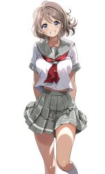 Rule 34 | 1girl, absurdres, birthday, blue eyes, brown hair, highres, looking at viewer, love live!, love live! sunshine!!, sailor collar, short hair, short sleeves, simple background, smile, solo, uranohoshi school uniform, watanabe you, zaofeng