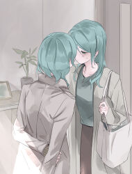 Rule 34 | 2girls, absurdres, arm behind back, bag, bang dream!, blush, brown coat, coat, collarbone, facing another, green hair, highres, hikawa hina, hikawa sayo, holding, holding bag, holding own arm, imminent kiss, incest, indoors, looking at another, multiple girls, picture frame, pine (pinepipp), plant, potted plant, siblings, sisters, sweatdrop, twincest, twins, yuri