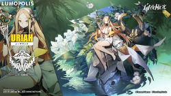 Rule 34 | 1girl, alchemy stars, artist request, bare legs, blonde hair, blush, breasts, character name, cleavage, company name, copyright name, copyright notice, english text, flower, green eyes, highres, holding, holding sword, holding weapon, leaf, long hair, looking at viewer, multiple views, navel, official art, one-piece swimsuit, parted bangs, sitting, smile, swimsuit, sword, uriah (alchemy stars), water, weapon, white flower, white one-piece swimsuit