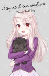 Rule 34 | 1girl, bad id, bad pixiv id, blonde hair, blush, character doll, character name, doll, fate/stay night, fate (series), happy birthday, highres, holding, holding doll, illyasviel von einzbern, long hair, long sleeves, looking at viewer, red eyes, rossa (pixiv27548922), smile, solo