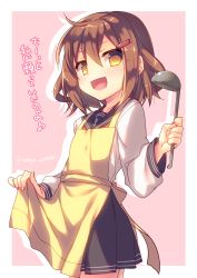 Rule 34 | 10s, 1girl, :d, anchor symbol, apron, bad id, bad nicoseiga id, brown eyes, brown hair, fang, hair ornament, hairclip, highres, holding, ikazuchi (kancolle), kantai collection, long sleeves, looking at viewer, open mouth, pleated skirt, school uniform, serafuku, short hair, skirt, smile, solo, soup ladle, tahya, translation request, twitter username, yellow apron