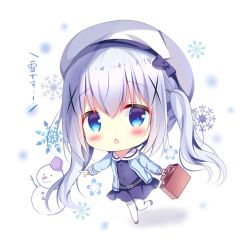 Rule 34 | 1girl, azumi kazuki, beret, big head, blue dress, blue eyes, blue hair, blue jacket, blush, briefcase, brown footwear, chibi, commentary, dress, gochuumon wa usagi desu ka?, hair ornament, hat, holding, jacket, kafuu chino, long hair, looking at viewer, open clothes, open jacket, pantyhose, parted lips, pleated dress, sailor collar, sailor dress, school briefcase, shoes, snowflakes, snowman, solo, standing, standing on one leg, symbol-only commentary, translation request, very long hair, white background, white hat, white pantyhose, white sailor collar, x hair ornament