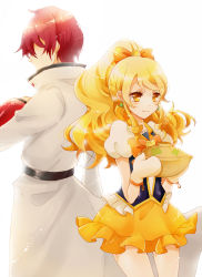 Rule 34 | 10s, 1boy, 1girl, back-to-back, blonde hair, bow, bowtie, brooch, coat, cure honey, earrings, gauntlets, hair bow, happinesscharge precure!, heart, heart brooch, highres, jewelry, long hair, magical girl, oomori yuuko, oven mitts, phantom (happinesscharge precure!), precure, red hair, rice cooker, skirt, smile, white background, wide ponytail, yellow eyes, yellow skirt, yutsuchi