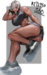 Rule 34 | 1girl, ass, border, bra, breasts, brown eyes, commentary request, dark-skinned female, dark skin, fingerless gloves, full body, gloves, grey background, grey hair, hair over one eye, highres, kasei yukimitsu, large breasts, looking at viewer, muscular, muscular female, original, short hair, simple background, solo, two-tone background, underwear, white border