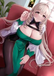 Rule 34 | 1girl, ahoge, andrea doria (azur lane), azur lane, black pantyhose, breasts, cleavage, cleavage cutout, closed mouth, clothing cutout, couch, covered navel, crossed bangs, dress, drill hair, green dress, hair between eyes, hand up, highres, holding mimikaki, indoors, large breasts, light blush, light brown hair, long hair, long sleeves, looking at viewer, manjuu (azur lane), mimikaki, on couch, pantyhose, pelvic curtain, pink nails, smile, twin drills, wee (weeyy), yellow eyes