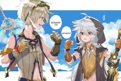 Rule 34 | 2boys, alvarichie, bandaid, bandaid on face, bandaid on nose, bennett (genshin impact), blonde hair, clenched hand, clenched hands, cloud, dated, day, fingerless gloves, genshin impact, gloves, goggles, goggles on head, green eyes, grey hair, hair between eyes, highres, holding, holding sword, holding weapon, hood, hood up, long hair, male focus, mountain, multiple boys, orange gloves, outdoors, over shoulder, razor (genshin impact), red eyes, romaji text, scar, scar on arm, signature, sky, sleeveless, speech bubble, sword, weapon, weapon over shoulder