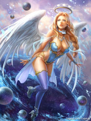 Rule 34 | 1girl, angel, angel wings, blonde hair, blue eyes, blue thighhighs, braid, breasts, choker, cleavage, earrings, floating, halo, high heels, jewelry, large breasts, leaning forward, leg lift, legend of the cryptids, lie-on, lips, long hair, official art, orb, original, ribbon choker, shuichi wada, solo, thighhighs, wings