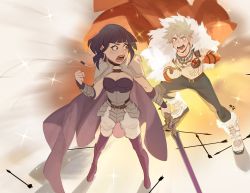 Rule 34 | 1boy, 1girl, aleikats, alternate universe, armor, bakugou katsuki, belt, blonde hair, blue hair, boku no hero academia, boots, breasts, cape, cleavage, dark blue hair, earrings, full body, fur-trimmed boots, fur-trimmed cape, fur trim, highres, holding, holding sword, holding weapon, jewelry, jirou kyouka, looking at another, magatama, magatama earrings, medium breasts, necklace, official alternate costume, open mouth, pants, purple footwear, red cape, red eyes, sharp teeth, short hair, standing, sword, teeth, thigh boots, tooth earrings, weapon, white footwear, white pants